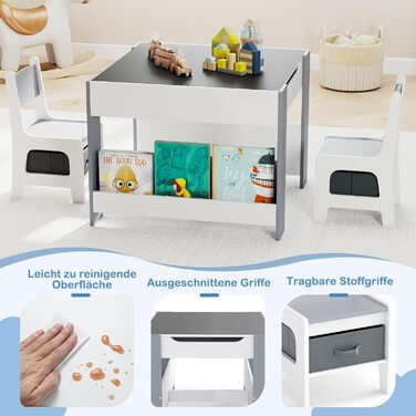 Детский стол со стульями COSTWAY 3 в 1: деревянный стол для рисования с ящиком и 2 стульями, для детей от 3 лет (Серый, Комбинированный)