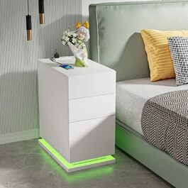 Вузька приліжкова тумба Lvhecforhm з LED підсвіткою, біла, з розеткою і USB, 16 режимів підсвічування, 50x30x63 см, для спальні та вітальні, глянцева