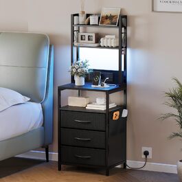 Нічний столик з підзарядкою та LED, приліжний столик з 3 висувними ящиками з тканини, нічник з полицею для книг, відкрите відділення, 2 розетки AC, 1 USB та 1 Type C роз'єми, для спальні, вітальні, офісу (Чорний) 40x30x60 см Чорний 1