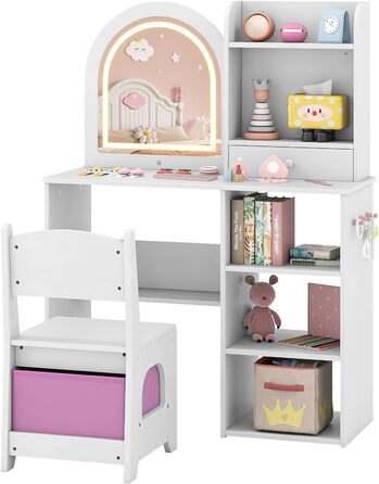 Детский туалетный столик Dreamade для девочек с LED-подсветкой, принцесовий столик для макіяжу з відкритими полицями та 5 ящиками, білий, від 3 років
