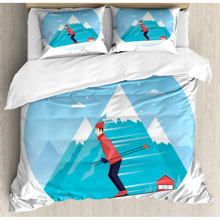 Комплект зимових підковдр ABAKUHAUS Двоспальне ліжко, Чоловік катається на лижах на засніженому пагорбі, Підковдра з 3 предметів з 2 наволочками, 220 x 220 см - 75 x 50 см, Синій темно-кораловий