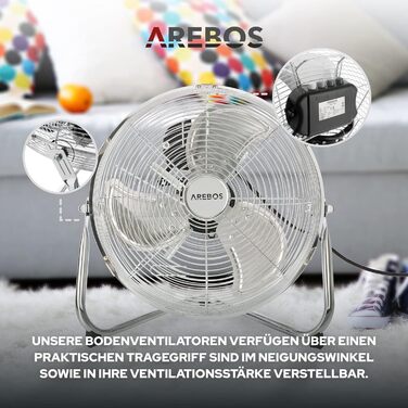 Підлоговий вентилятор Arebos Ø30 см Вітряна машина в стилі ретро Вентилятор 3 режими швидкості Висока швидкість повітряного потоку Регульований кут нахилу 100 Хром