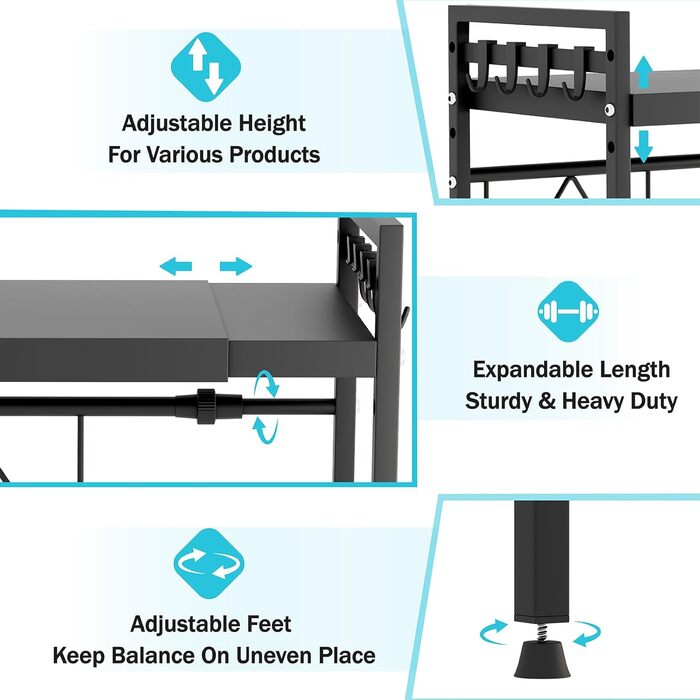 Регульована підставка для мікрохвильової печі, 2-рівнева розширювана, з вуглецевої сталі, з 8 гачками, чорна