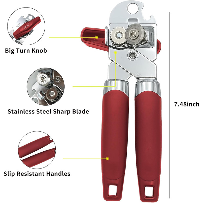 Ручний відкривач консерв з нержавіючої сталі з комфортною ручкою та універсальним відкривачем пляшок (червоний)