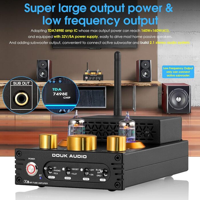 Ламповий підсилювач Douk Audio X1, HiFi Bluetooth 5.0, GE5654, MM Phono, 160 Втx2, регулювання високих і низьких частот