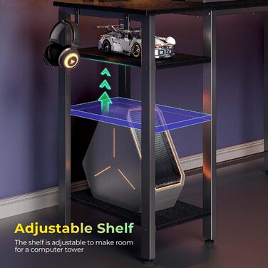 Комп'ютерний стіл Rolanstar L-подібний з RGB підсвічуванням та розетками, реверсивний кутовий стіл для геймінгу з полицею та 2 гачками, для офісу, робочого кабінету, спальні (Чорний, 117см), Чорний 137 x 117x 87см