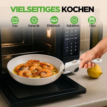 Набір посуду NutriChef 18 частин з кераміки кремового кольору з знімними ручками. Підходить для індукційних плит, всіх типів плит, духовок. Антипригарне покриття, компактний, можна складати.