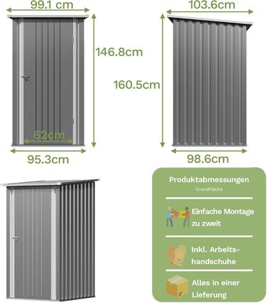 Сарай для інструментів Devoko Metall Gerätehaus 96x98x160 см, сталевий, з похилим дахом, сірий. З рукавичками, замикається.