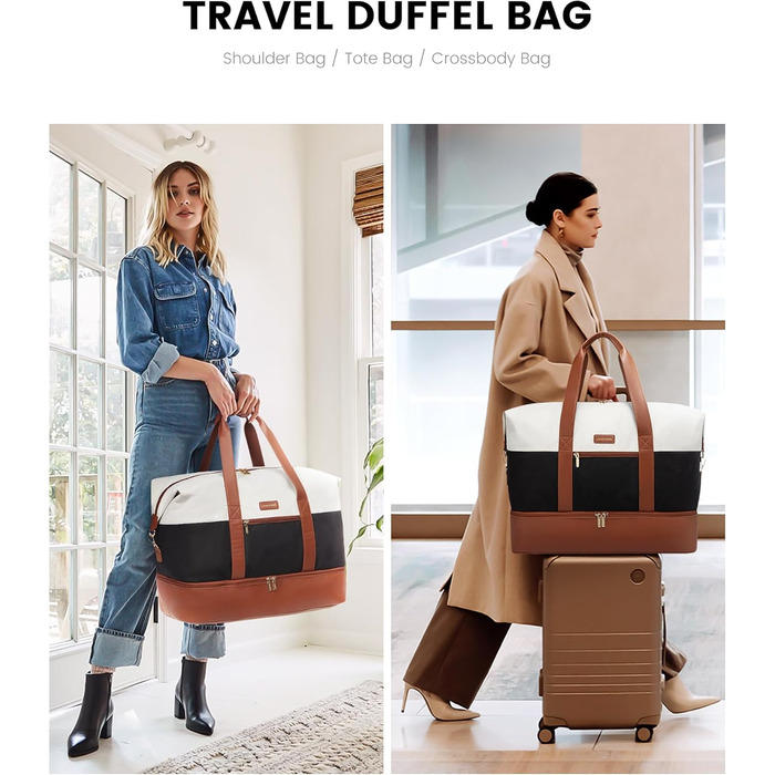 Сумка-валіза LOVEVOOK для жінок, спортивна сумка-мішок, дорожня сумка на вихідні, ручна поклажа для літака, сумка для пологового будинку, дорожня сумка для одягу з відділенням для взуття, бежево-коричнево-чорна, 50x38x25 см