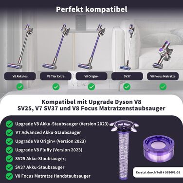 Комплекти фільтрів V8 для Dyson V8 Absolute/Animal, в т.ч. 2 HEPA, 2 фільтри попереднього очищення, 1 щітка для чищення, 2