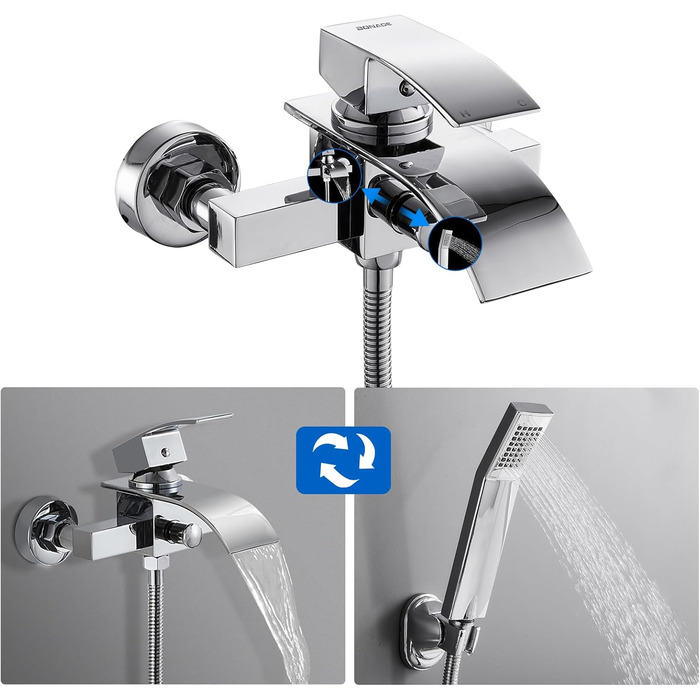 Набір для ванни з водоспадом: змішувач, душова лійка, шланг, кріплення для стіни (хром)