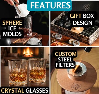Набір для копчення віскі - Копчення коктейлів з факелом, 2 склянки віскі, 2 форми для льоду, 6 смаків тирси - Набір для копчення бурбону Old Fashioned - Подарунок для любителів бурбону