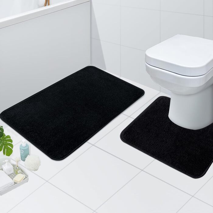 Комплект килимків для ванної кімнати: м'який мікрофібровий килимок 50x80 см та килимок для унітазу 50x40 см, чорний, нековзний, для ванної кімнати