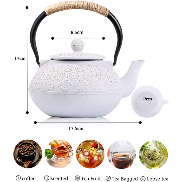 Чайник Webao з чавуну, японський чайник Tetsubin, чайник з ситечком з нержавіючої сталі (800 мл білого кольору)