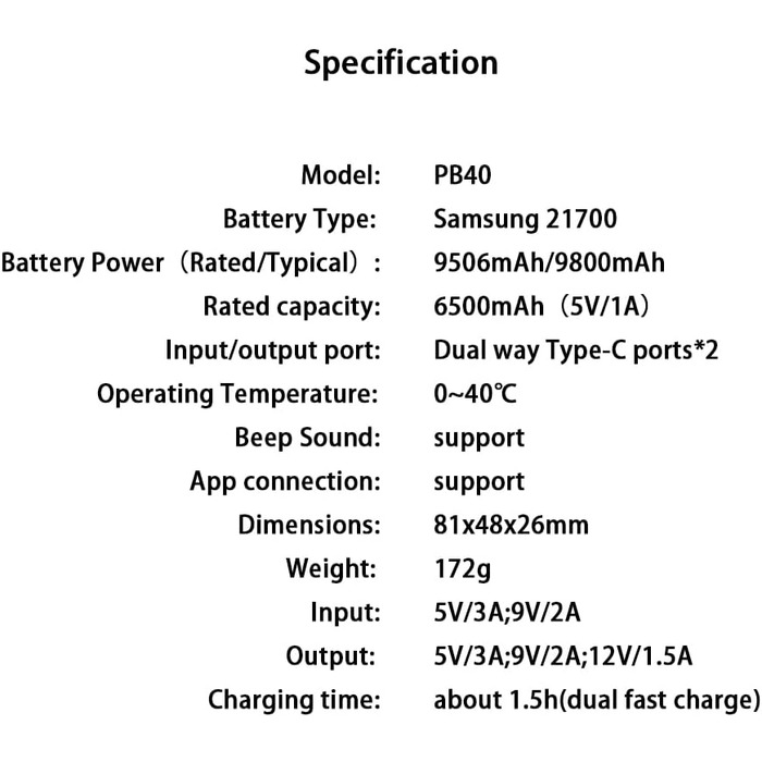 Портативний зарядний пристрій, сумісний з iPhone/iPad/планшетами, 10000mAh PB40, 18W USB-C PD