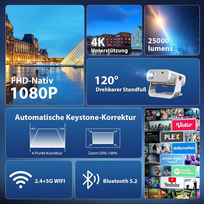 Розумний проєктор Beamer 4K Full HD 1080P, 25000 люмен, Android 11, WiFi 6, BT 5.2, поворотний штатив 120°, для iOS/Android/Laptops, сірий