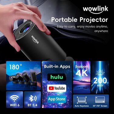 Портативний проєктор Mini Beamer 4K/1080P з WiFi 6 та Bluetooth 5.4. Підтримка HDMI, TV Stick, Memory Stick, Laptop. Автоматичне вирівнювання Keystone, чорний