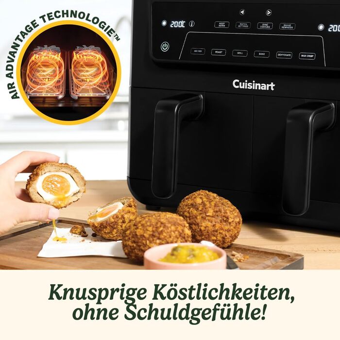 Фритюрниця Cuisinart XXL 10.4L з двома зонами, без PFAS та хімікатів. Брати, смажити, запікати, дегідратувати та підтримувати тепло. 2 камери (2 x 5.2L), 8+ порцій. Деталі придатні для миття в посудомийній машині. Чорний колір.