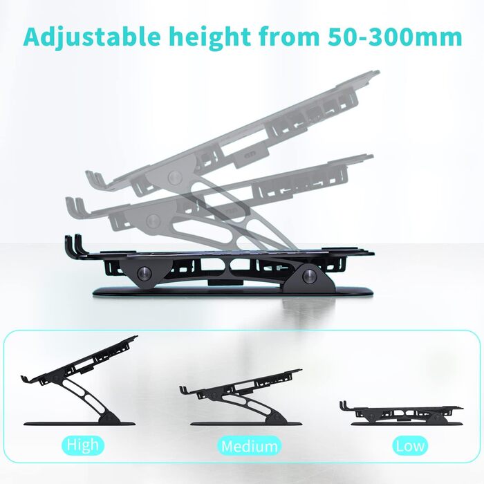 Регульована підставка для ноутбука з RGB вентилятором, складана з алюмінієвого сплаву, вентильована, ергономічна, сумісна з MacBook, 10-17'' (чорний)