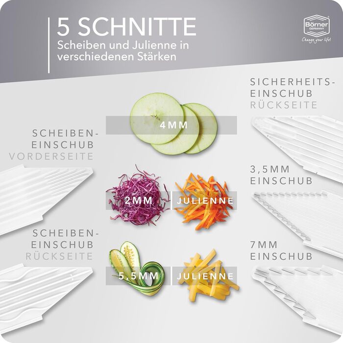 Набір Börner Gemüsehobel V3: овочевий слайсер з V-подібною лезою, 5 видів нарізки, регульований, для овочів та фруктів, з тримачем для фруктів, нержавіюча сталь, оранжево-білий (Profi Set)