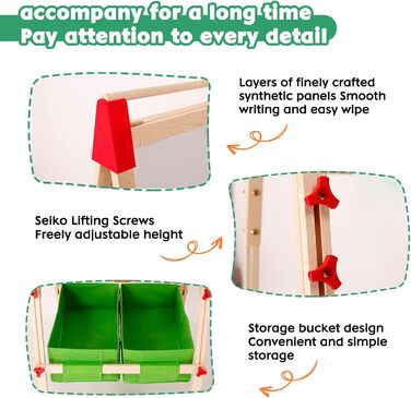 Дерев'яний мольберт Kinder для дітей з паперовою рулонкою, двостороннє Whiteboard та дошка. Регульована висота. З аксесуарами для малювання та навчання. Ідеальний подарунок для малюків.