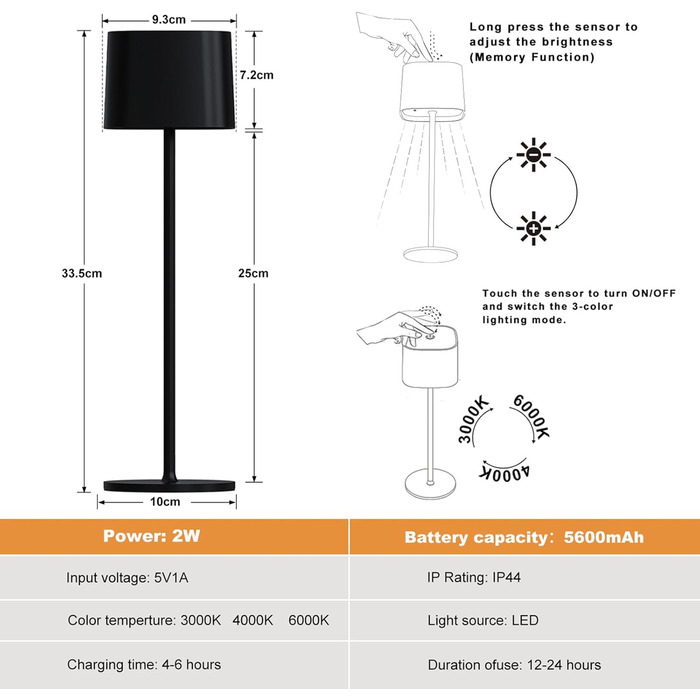 Світлодіодна бездротова настільна лампа на акумуляторі, сенсорний затемнення, USB-C, 5600 мАг, портативний для приміщення/вулиці, 2 шт.
