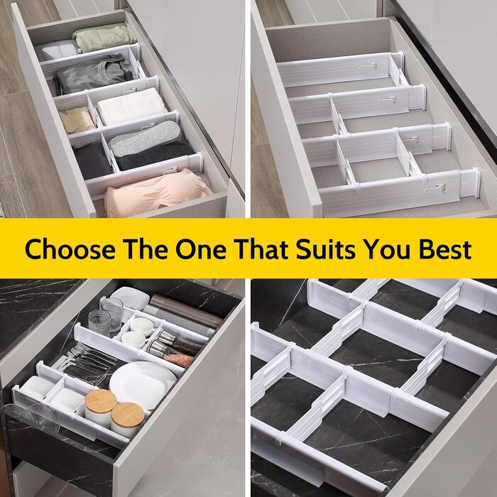 Набір роздільників для ящиків Gigmeta (4 шт) з регулюванням, 34–59 см, >7 см. Підходить для шафи, спальні, комода, кухні, офісу