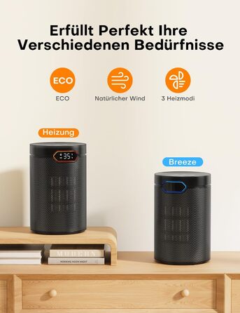 Електричний обігрівач QEXREED 1500W з PTC, ECO-режимом, 4 режими нагріву, вентилятором, термостатом, таймером, пультом керування, захистом від перегріву та перекидання, портативний та тихий, для дому та офісу