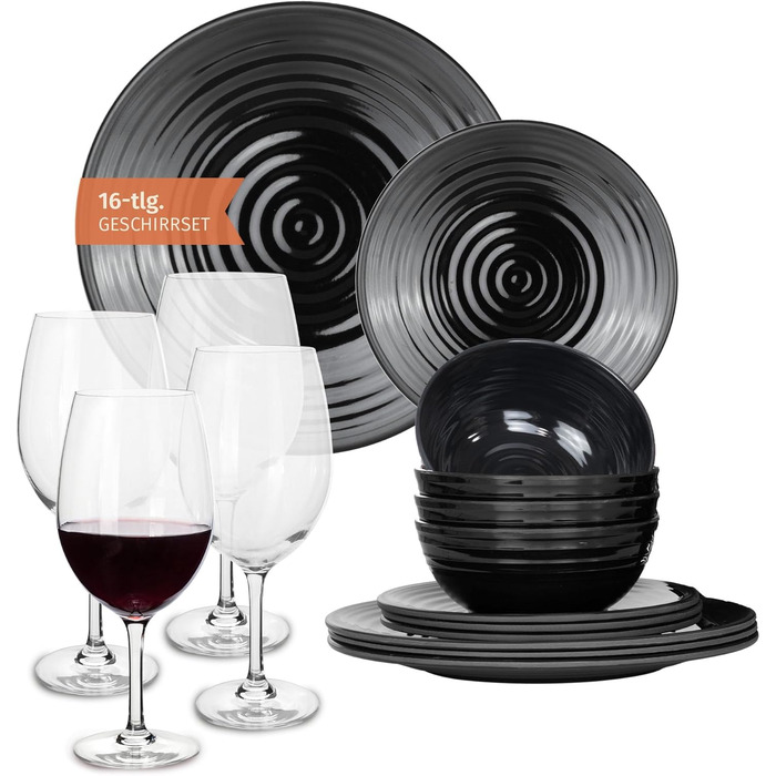 Набір посуду для кемпінгу Melamin Stone на 4 особи (16 предметів): тарілки, чашки, келихи