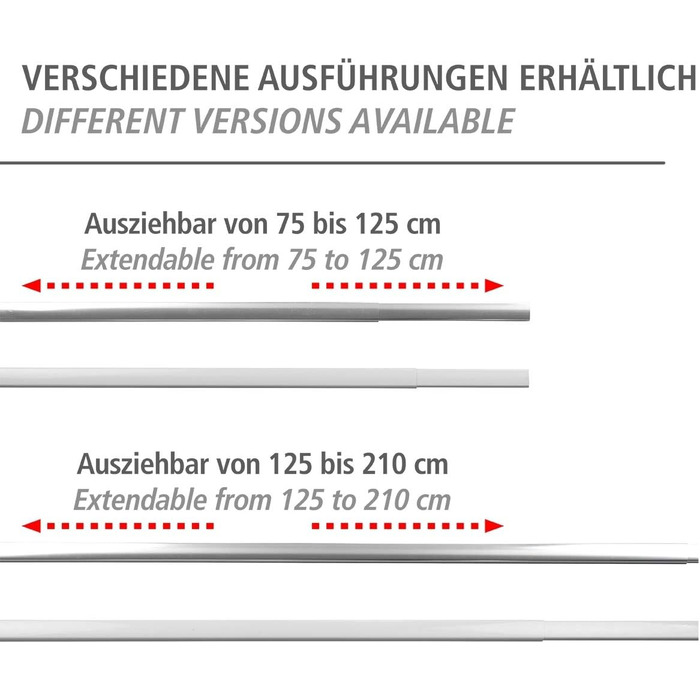 Телескопічний карниз для душу WENKO Era White, висувний карниз з нержавіючого алюмінію, для кріплення всіх душових шторок, в т.ч. кріплення без свердління, 75-125 x 2 x 3,5 см (125-210 x 2 x 3,5 см, Білий/Прозорий)