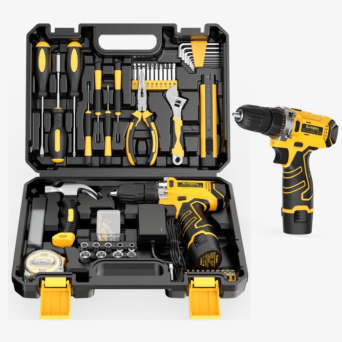 Набір інструментів Sundpey 166 предметів з акумуляторною викруткою 12V для дому, ремонту та саду (жовтий)