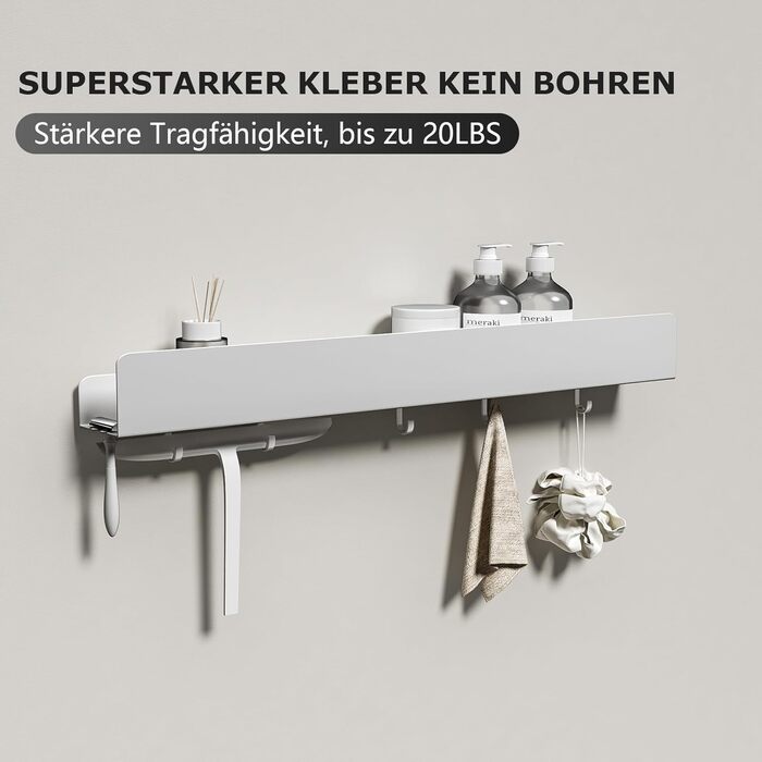 Поличка для душу REKITA без свердління, органайзер для ванної кімнати 40 см, поличка з нержавіючої сталі з 4 знімними гачками, тримач для шампуню для душу, настінна поличка, органайзер для ванної кімнати (Білий-60 см)