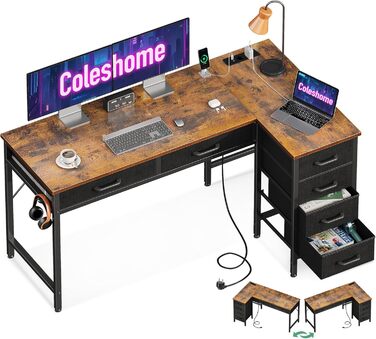Комп'ютерний стіл Coleshome L-подібний з 6 шухлядами, білий, 126x80 см, з розеткою та гачками