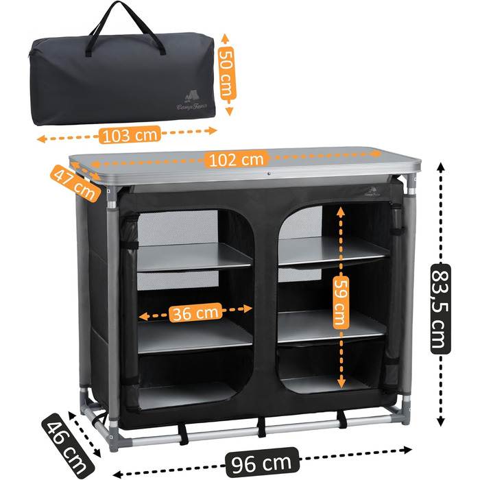 Складний шафа для кемпінгу CampFeuer 102x47x83.5 см, алюмінієвий каркас, кемпінгова кухня з 2 блискавками