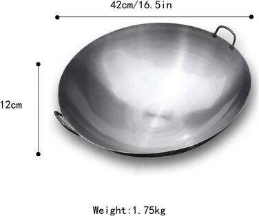 Силайський вок традиційний вок з високоякісного чавуну, вок з круглим дном ручної роботи, Азіатська кухня, підходить для плити і гриля (Розмір ) (42 см / 16,5 дюйма)