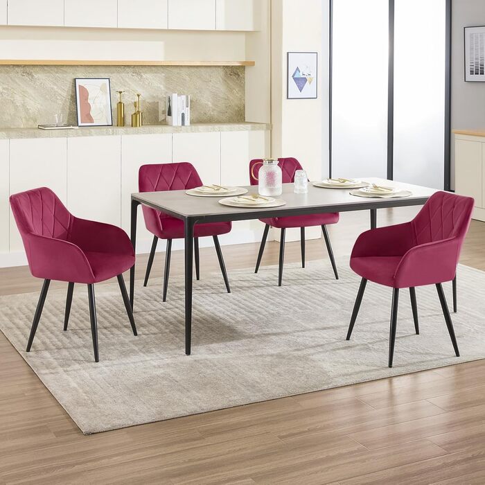 WOLTU Набір з 2 кухонних стільців з підлокітниками, для вітальні, кухні, їдальні. М'які стільці з оксамитовим покриттям, металеві ніжки, Бордовий колір