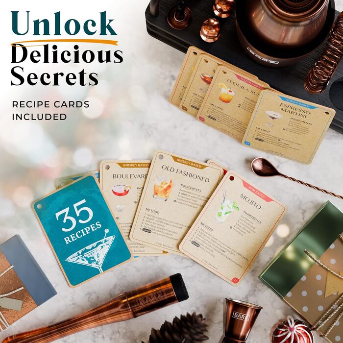 Набір бармена Bare Barrel Pro Mixology: 14 предметів, Boston Shaker (28oz), стійка, 35 рецептів, подарунковий набір