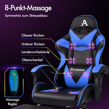 Ігровий крісло Alfordson з підніжкою, масажем, регулюванням на 150° та PU-шкірою. Макс. вага 180 кг, серія Eryx (Чорний/Синій)