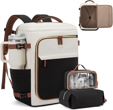 Рюкзак для подорожей LOVEVOOK 40L для жінок, ручна поклажа, рюкзак для авіаперельотів, сумка-рюкзак для бізнесу, школи, вихідних, бежевий хакі (17 дюймів, 40L, чорний+бежевий+коричневий)