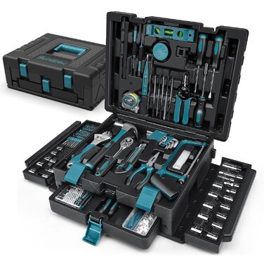 Набір інструментів Sundpey 379 предметів в кейсі з висувним ящиком, універсальний набір для дому та ремонту, синій