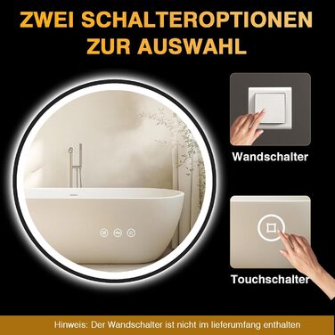 Дзеркало кругле PESENXAN 70см з підсвічуванням та чорним каркасом. Антизапарник, регулювання яскравості, 3 кольори світла, LED, сенсорне управління, функція пам'яті. Розміри: 70x70 см