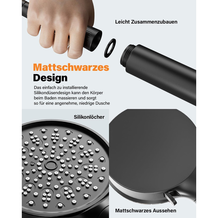 Фільтр для душу Cobbe з шлангом, високонапірна ручна лійка з 20-ступеневою фільтрацією, економна лійка з 6 режимами, підвищувач тиску для жорсткої води, чорний, 6 режимів, шланг