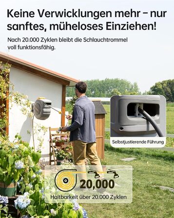 Шланговий барабан GLAHODEN з садовим шлангом 40 м + 2 м, стійкий до сонця та морозу, поворотний на 180°, настінна шланговий бокс з 9-функціональною розпилювальною насадкою