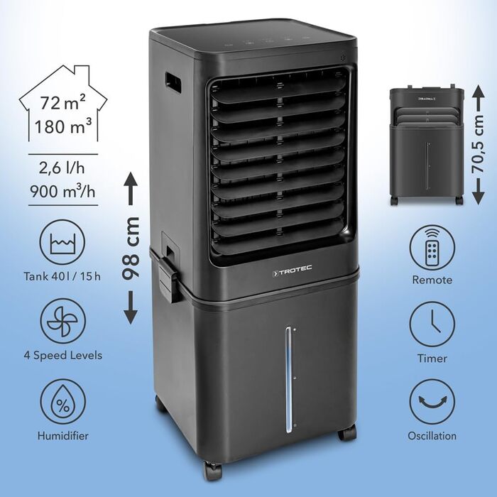 Мобільний повітроохолоджувач TROTEC Aircooler PAE 80, повітроохолоджувач 4-в-1, зволожувач повітря, очищувач і вентилятор, бак, продуктивність випаровування 2,8 л/год, 4 швидкості вентилятора, таймер, нічний режим (40 л, чорний)