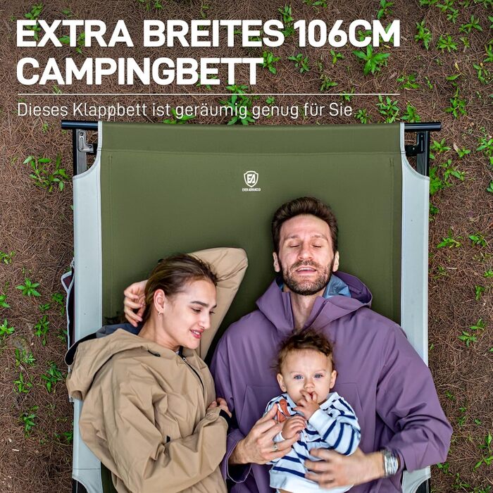 Розкладне ліжко для кемпінгу EVER ADVANCED XXL (214x106 см), посилене кемпінг-ліжко до 300 кг для відпочинку на природі, пляжі та вдома (Зелене)