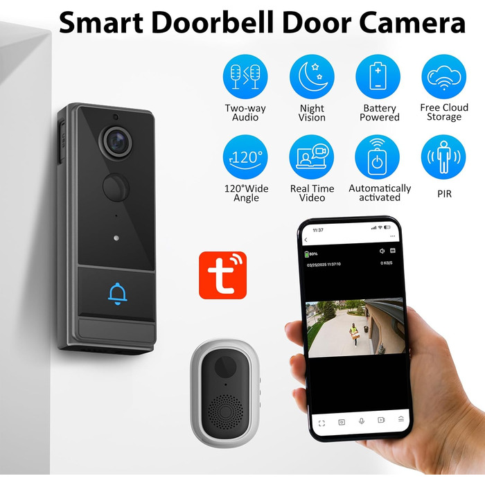 Розумна відеодзвінок Swokely Smart WiFi з PIR-датчиком, нічне бачення, IP65, для дому