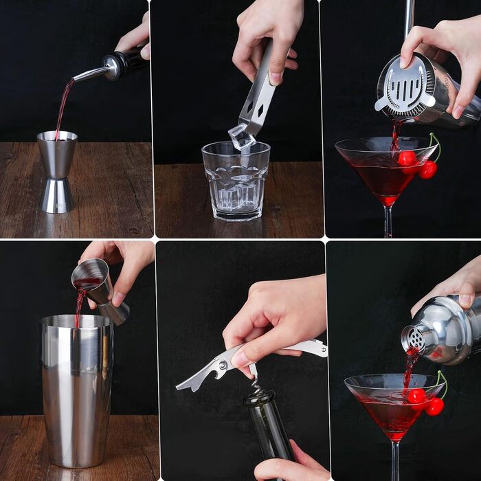 Набір для коктейлів 15 предметів, 750 мл, нержавіюча сталь, з підставкою з бамбука, мірним стаканом, ложкою та рецептами - професійний набір бармена для дому та бару