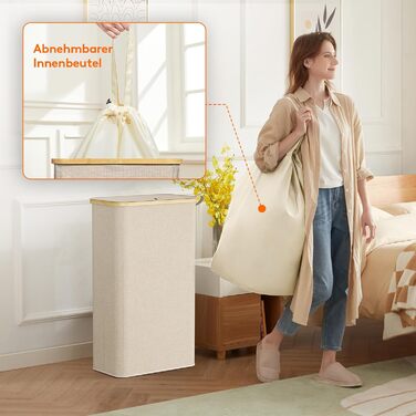 Кошик для білизни Lifewit з кришкою, вузький, складний, 75L, бамбук, з ручкою, для квартири, гуртожитку, кемпінгу (Бежевий)