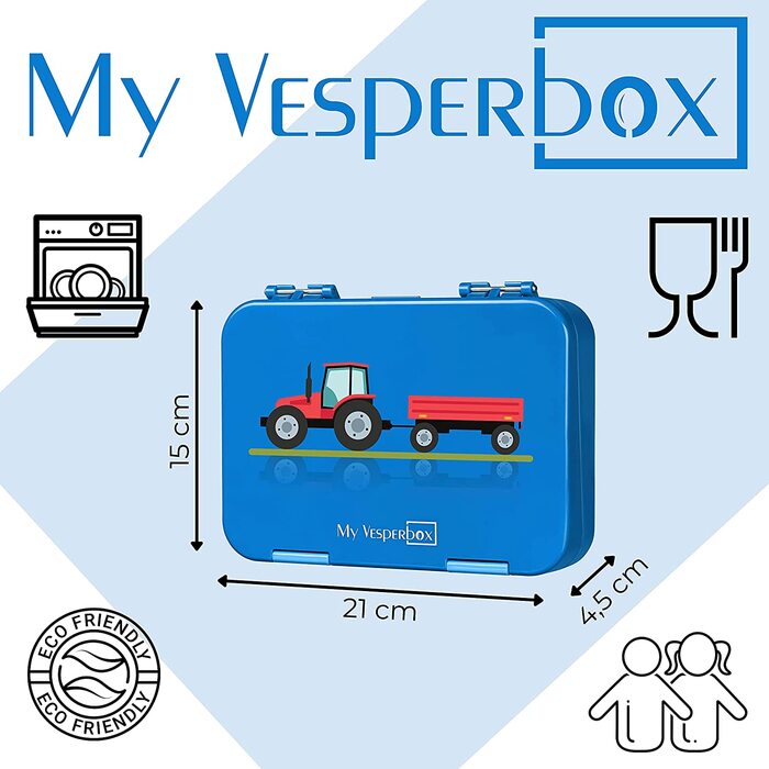 Коробка для Бенто для дітей-ланч-бокс з 4 2 відділеннями - надзвичайно міцний - коробка для сніданку - Хлібниця ідеально підходить для дитячого садка і школи. (синій-трактор з причепом)