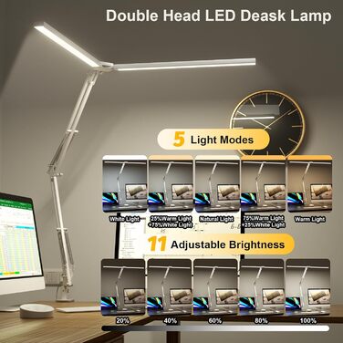 LED лампа настільна SKYLEO з двома головками, дистанційним керуванням, регулюванням яскравості, таймером, для офісу та читання, 76 см, з кріпленням